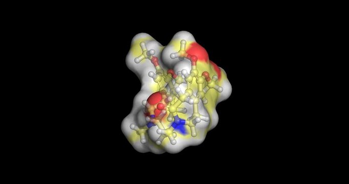 Ivabradine, heart failure and stable angina drug, 3D molecule spinning 4K 