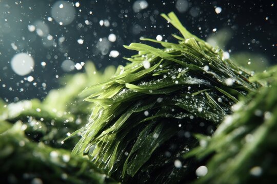 Abstract close-up of green algae in water with bubbles rising to the surface aquatic ecosystem macro photography