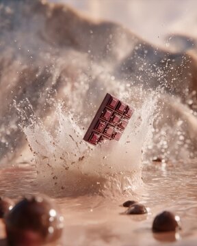 Chocolate bar splashing into liquid chocolate close up shot dramatic lighting studio food photography