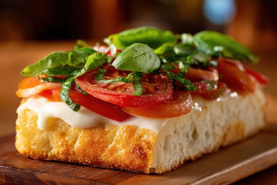 Close-up of Caprese Sandwich on Wooden Board, Fresh Tomatoes, Mozzarella, Basil Leaves, Italian Cuisine, Studio Shot