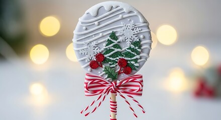 Fototapeta premium Festive Christmas cookie pop decorated with trees and berries against bokeh lights.