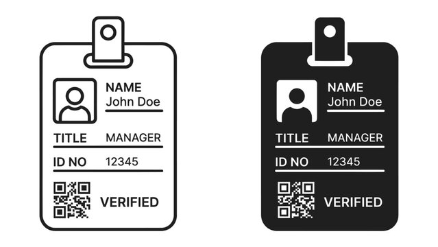 Employee ID Card Illustration: A set of modern employee identification badges, showcasing a profile picture, name, title, ID number, and QR code, representing access and verification.