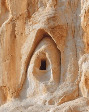 Rock formation photography of a small cave opening in sandstone cliff face in natural light outdoors