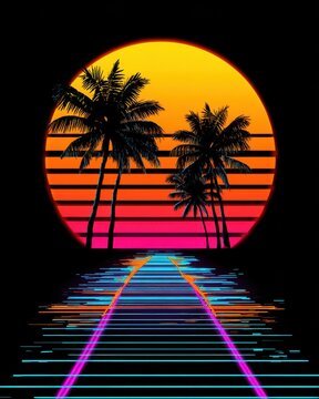 Retro Synthwave Palm Trees Sunset Digital Art Illustration of a Road to the Sun in a Vaporwave Style