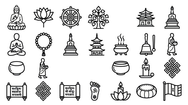 Detailed Buddhist line art icons for meditation.