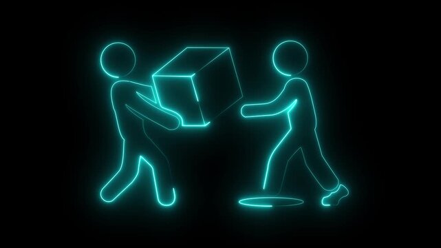 glowing neon delivery person icon isolated on black background, showing package handover to customer, successful shipping, receiving orders, courier service, and icon animation 4k video