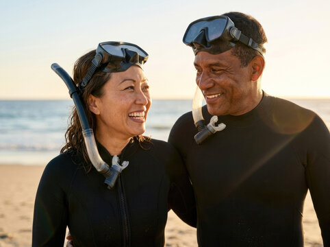 Smiling diverse mature couple in wetsuits and snorkels on sandy beach at sunset active retirement adventure