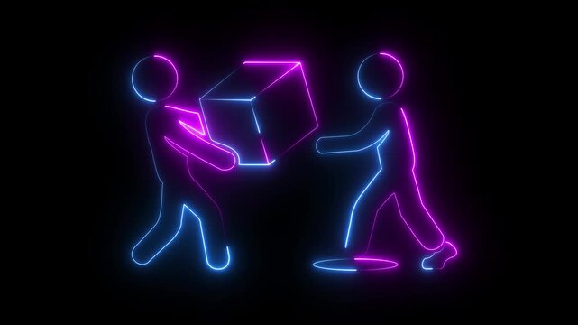 glowing neon delivery person icon isolated on black background, showing package handover to customer, successful shipping, receiving orders, courier service, and icon animation 4k video
