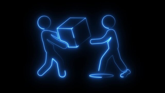 glowing neon delivery person icon isolated on black background, showing package handover to customer, successful shipping, receiving orders, courier service, and icon animation 4k video
