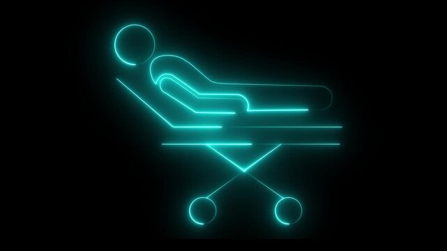 Glowing Neon Hospital Patient on Medical Stretcher Icon for Emergency Healthcare, Ambulance Transport and Clinical Treatment on blank Background
