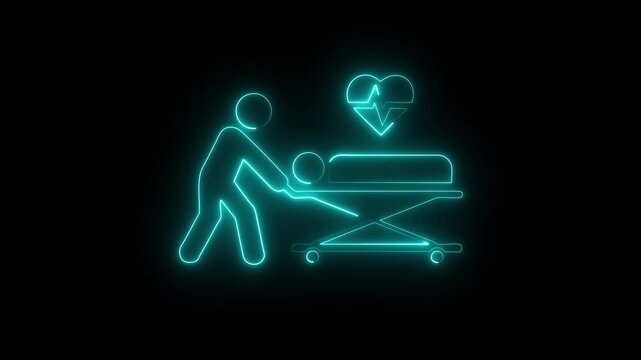 Glowing Neon Emergency Medical Patient Transport Icon with Hospital Stretcher, Heart Monitor Symbol and Ambulance Healthcare Concept on blank Background
