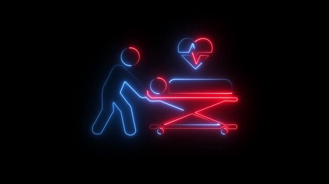 Glowing Neon Emergency Medical Patient Transport Icon with Hospital Stretcher, Heart Monitor Symbol and Ambulance Healthcare Concept on blank Background
