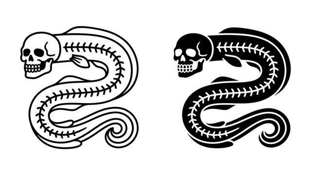 Skull Eel Emblem: A stylized graphic depicting a creature with a skull for a head and the serpentine body of an eel, presented in both line art and silhouette form.