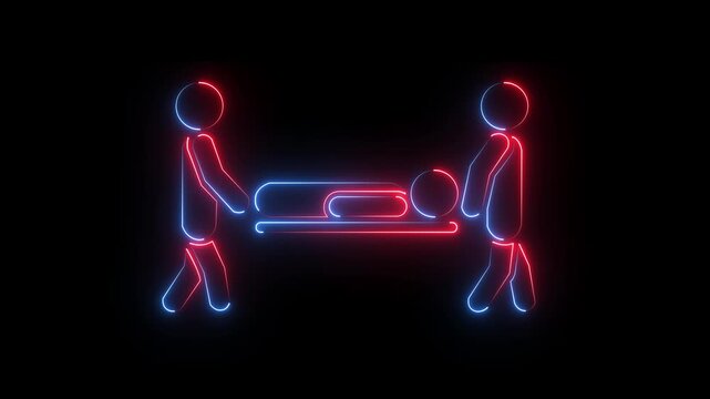 Glowing Neon Medical Team Carrying Patient on Stretcher Icon for Emergency Rescue, Hospital Transport, First Aid and Healthcare Services on bank Background