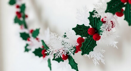 Fototapeta premium Festive Christmas garland with green holly leaves red berries and white snowflakes.
