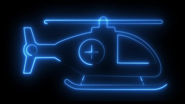 Modern Glowing Neon Air Ambulance Helicopter Icon for Emergency Medical Rescue, Patient Transport and Healthcare Aviation on bank Background