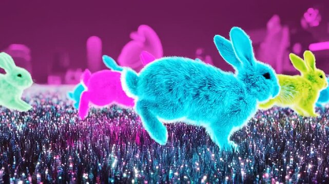 Vibrant neon rabbits hopping across a glowing dreamlike field