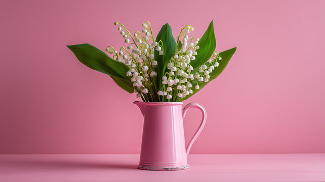 A vibrant still life photograph of a bouquet of lily of the valley flowers in a pink pitcher. the flowers are small, white, bell shaped blooms with deep green leaves. Ai generated