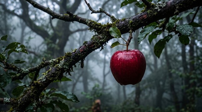 A single, vibrant red apple hangs from a moss-covered tree branch in a dense, misty forest. The background is filled with soft-focused, dark trees and a thick fog, which makes the bright red color
