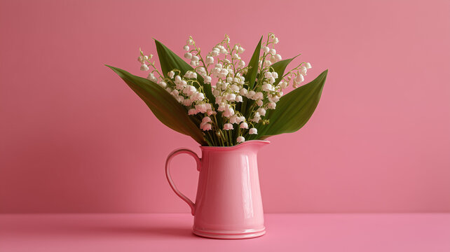 A vibrant still life photograph of a bouquet of lily of the valley flowers in a pink pitcher. the flowers are small, white, bell shaped blooms with deep green leaves. Ai generated