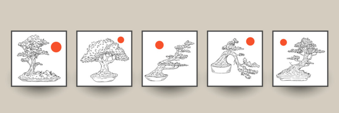 Cascading and windswept bonsai styles vector design, hand drawn ink sketch illustration of traditional Japanese miniature trees in square frames with red sun accents.
