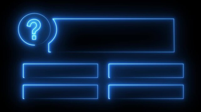 Quiz Neon Line Animation with option selection on black background ,Quiz template challenge with option selection, Neon Line Animation on empty background. fill in the correct answer