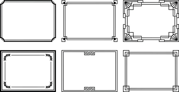 Set of six minimalist rectangular frames with geometric borders and decorative corner elements transparent background