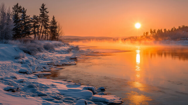 A winter landscape at sunrise with a river and snow covered banks. the sun is low on the horizon, casting an orange light over the scene. mist covers the river. Ai generated