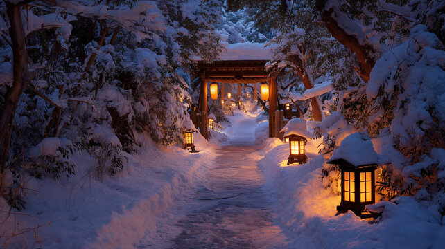 A winter landscape featuring a narrow, snow covered path receding into the background. on the right side of the path, several traditional style lanterns. Ai generated