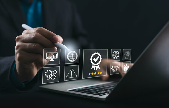 Business professional evaluating quality assurance standards on digital platform with compliance management, certification, performance monitoring, risk assessment, and process optimization.