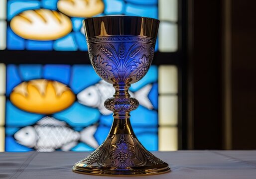 Detailed close-up of ornate golden communion chalice.