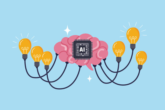 Machine learning AI Artificial Intelligence to generate new creative idea, innovative wisdom, imagination or cognition to think, tech genius network, AI brain generate network lightbulb smart idea.