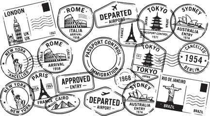 Obraz premium Collection of International Passport Stamps and Travel Postmarks in Black and White Graphic Style