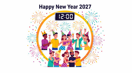 Fototapeta premium Happy New Year 2027 Celebration with Diverse Friends and Fireworks Countdown