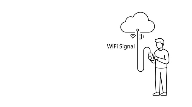 Line art illustration of a person connecting to a cloud based wifi signal.