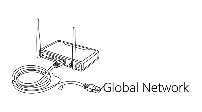 A line art illustration of a wireless router with an ethernet cable.