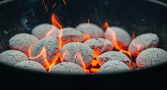 Close-up of glowing hot charcoal briquettes with flames in a barbecue grill.