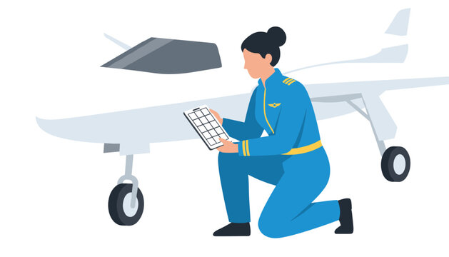 Female pilot wearing a blue flight suit kneels beside a small private airplane while reviewing safety checklist on a digital tablet.