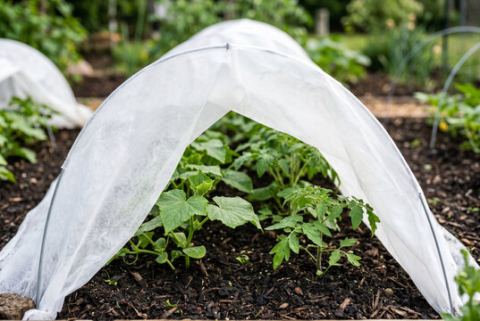 Seedling protection with white garden row cover hoops over young vegetable plants for organic garden bed and season extension background