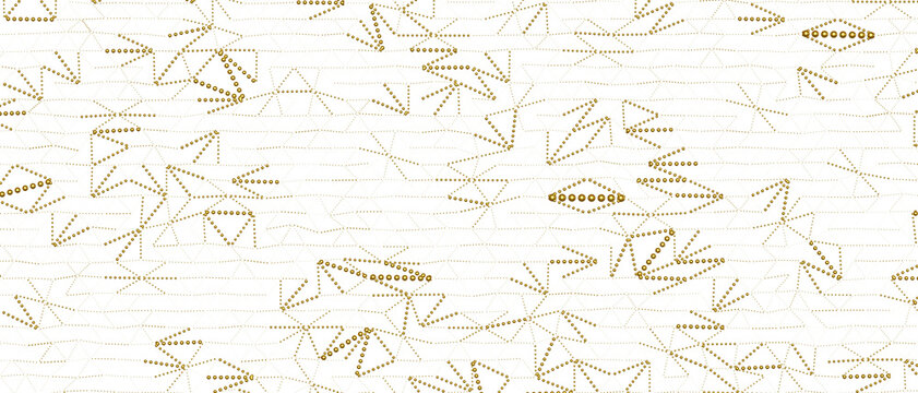 Intricate gold geometric network pattern with dots and lines on white. Represents connection and com