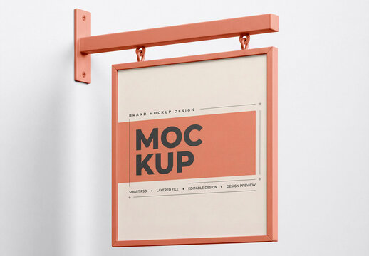 Blank hanging sign mockup with frame on wall minimal design