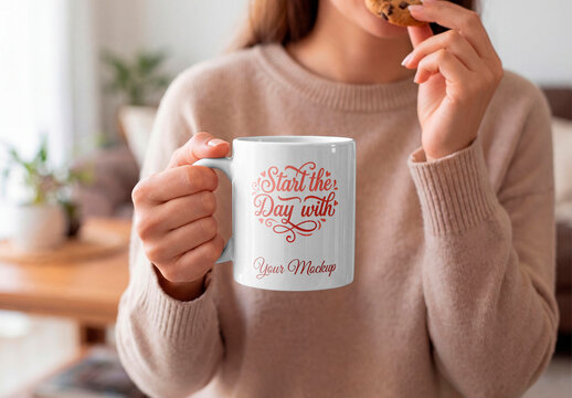 Woman holding blank coffee mug while eating cookie
