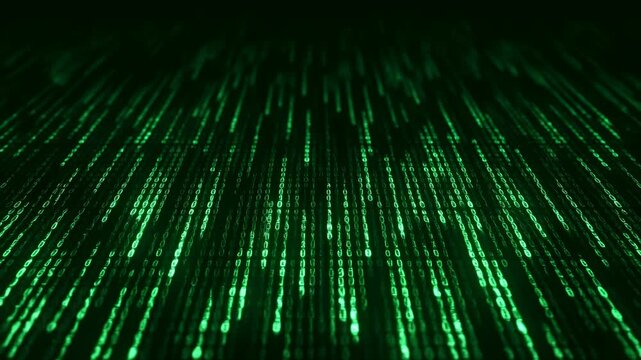 Neon green binary columns forming descending data stream with luminous streaks and deep perspective