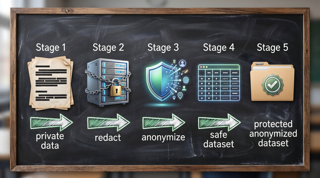 Five stage data protection workflow diagram displayed on a chalkboard showing the process of redacting and anonymizing private information into safe datasets