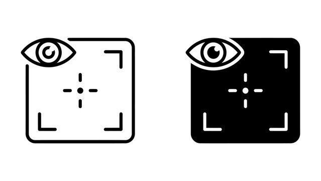 Eye Tracking Icon Set: A minimalist representation of eye-tracking technology, featuring an eye icon within a targeting reticle, presented in both black and white versions.