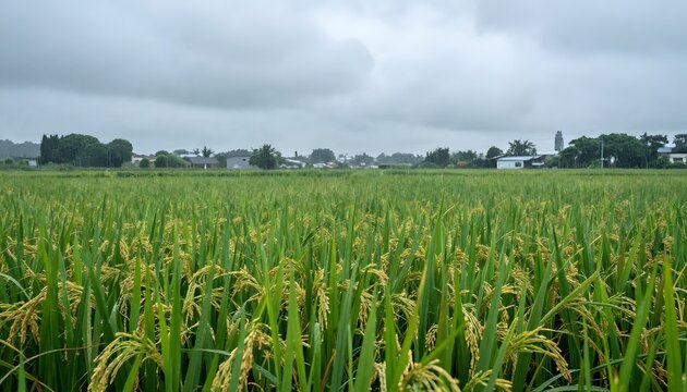 Lush green rice paddy field with golden-tinged rice heads under overcast sky.