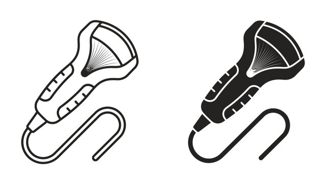 Medical Ultrasound Transducer Icon: Two stylized icons of a medical ultrasound transducer, one in outline and the other filled, represent diagnostic imaging technology and healthcare.