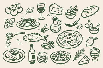 Fototapeta premium Mediterranean Food Icon Set Hand Drawn Vector Illustration