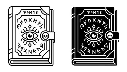 Mystical Grimoire: An ancient spellbook, adorned with enigmatic runes and a watchful eye symbol, stands as a gateway to arcane knowledge, presented in both outline and silhouette form. © abidakhatun
