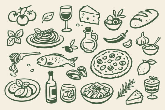 Mediterranean Food Icon Set Hand Drawn Vector Illustration